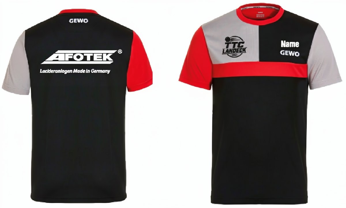 Vorder- und Rückseite des aktuellen Jugendtrikots in Schwarz, Rot und Grau. Vorne das Vereinswappen und Platz für den Namen, hinten der Schriftzug des Sponsors AFOTEK.